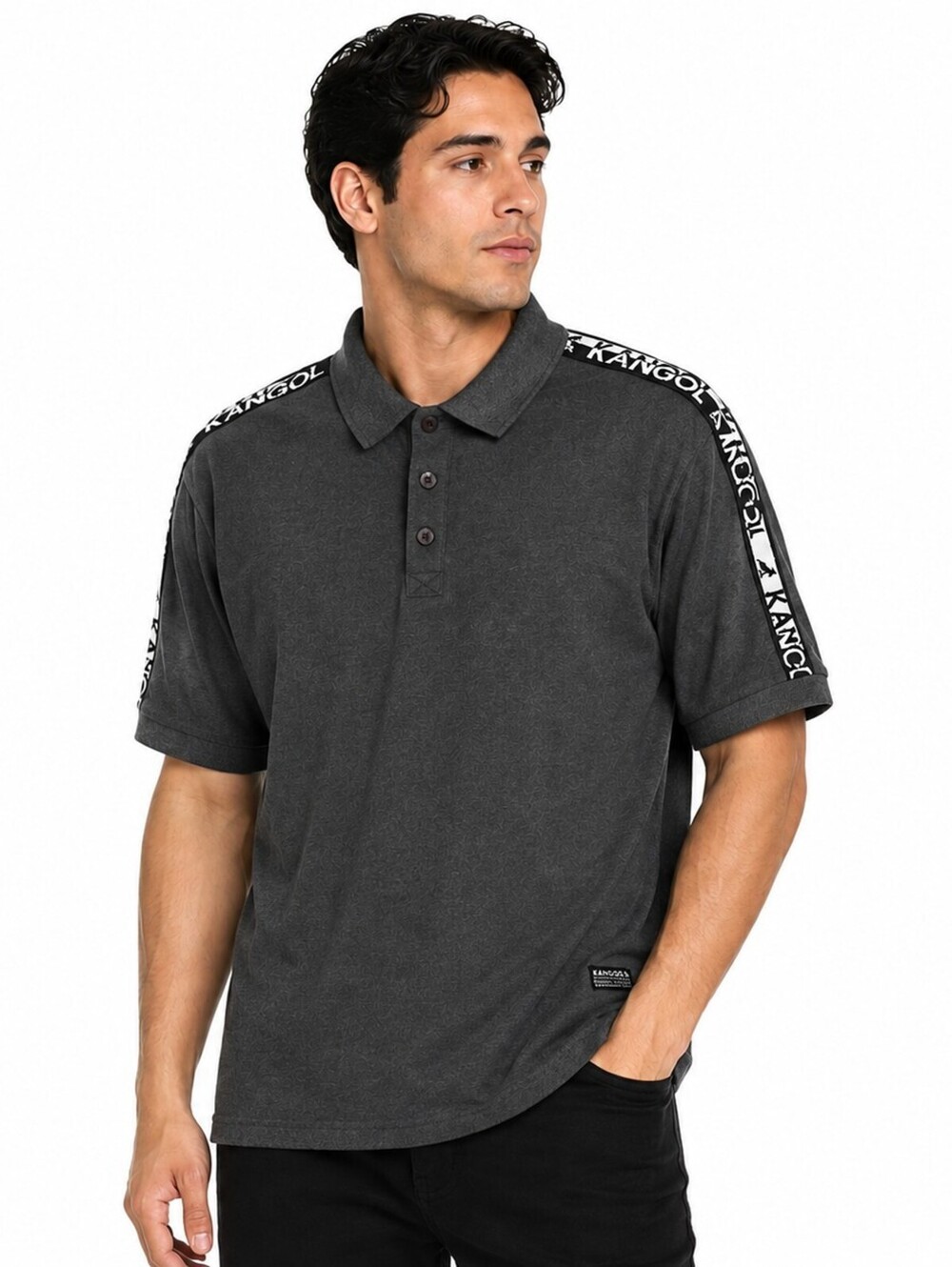 Kangol Men Charcoal Gray Logo Tape Polo Shirt Short Sleeve British - XXL